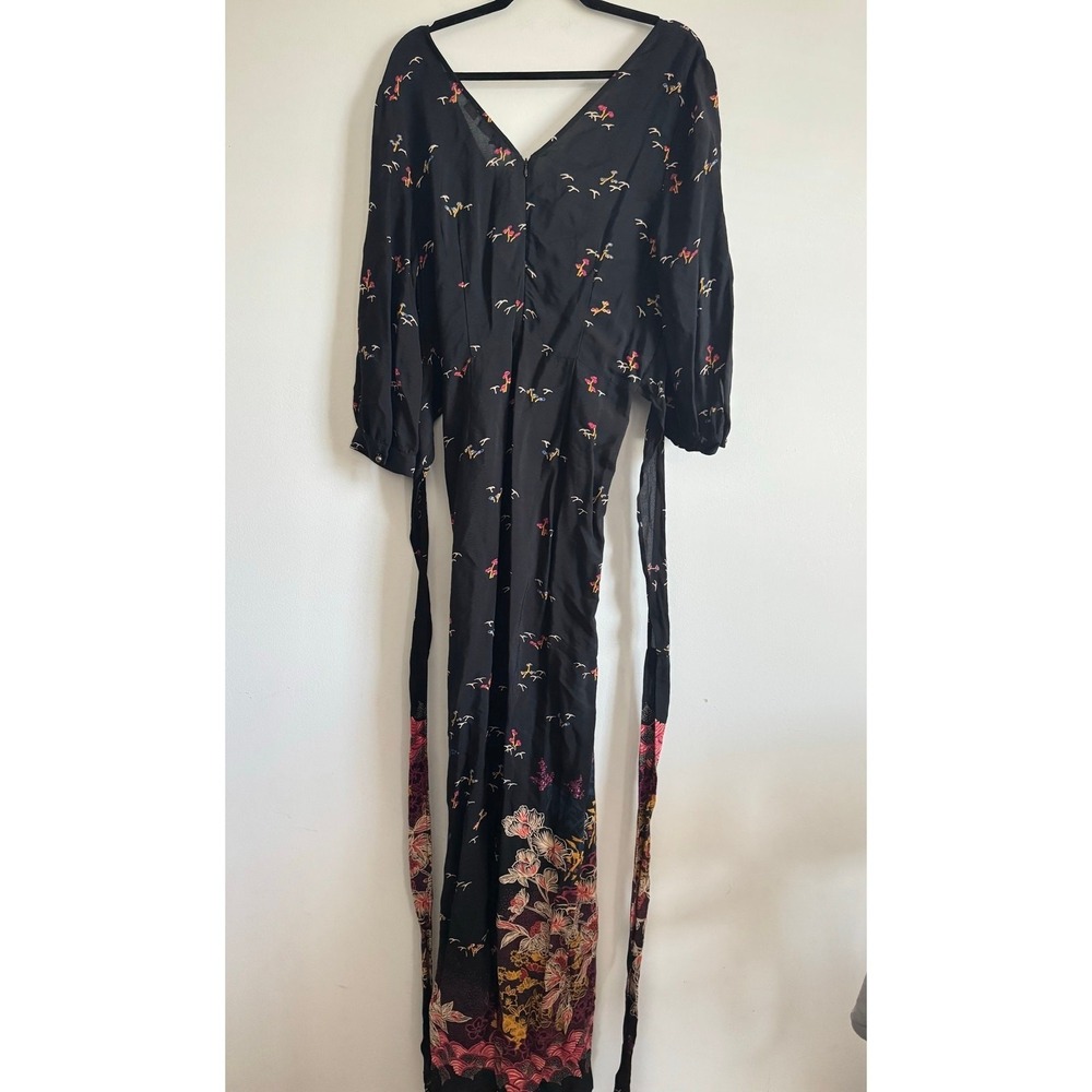 Anthropologie Feather Bone Wide Leg Jumpsuit Black Floral Boho V-Neck Size 14 - Picture 4 of 9